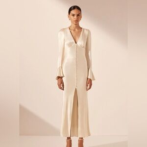 Shona Joy La Lune Frill Cuff Bias Midi Dress in Cream